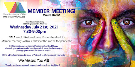 VALA Member Meetings are Back!! Topic: Photographing Your Artwork July 21